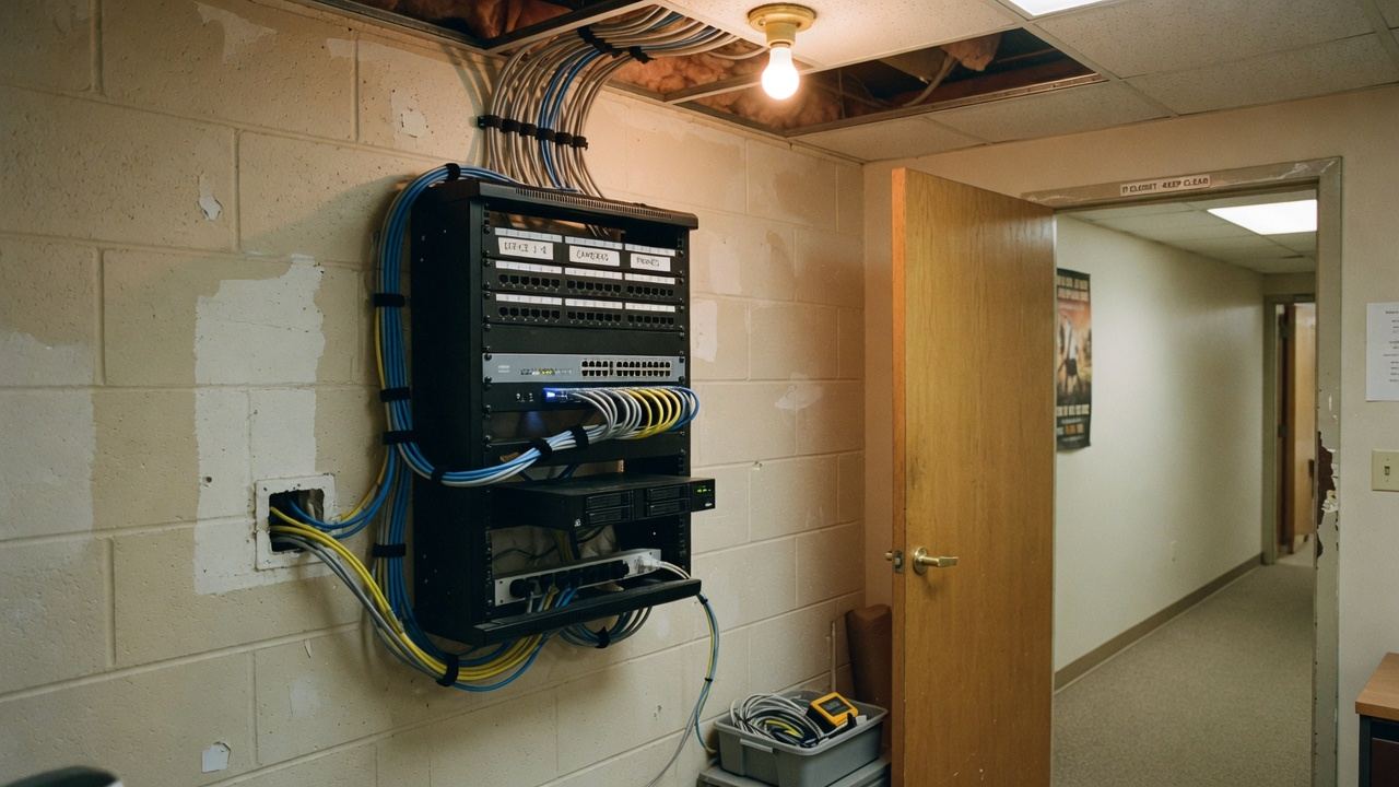 A server rack with labeled network cabling